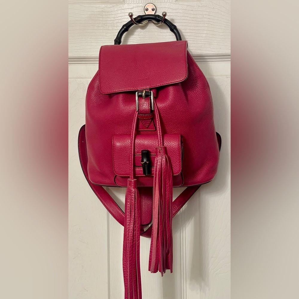 Gucci Bamboo 387149 Small Backpack w/Tassels Pebbled Leather Vintage Raspberry